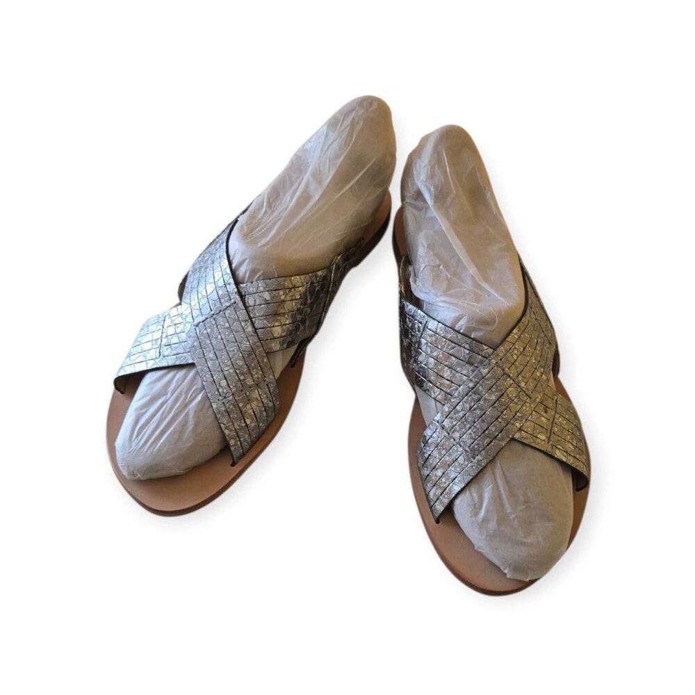 TRASK Huaraches Crossover Slide Metallic Silver Strappy Slip On Sandals Sz 9.5M